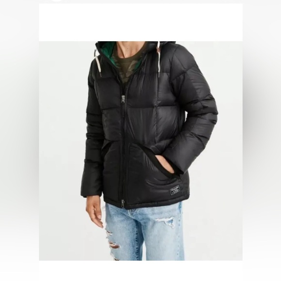 Down Coat Men's M Abercrombie And Fitch Ultra Puffer Hooded Black Green Interior - Picture 1 of 16